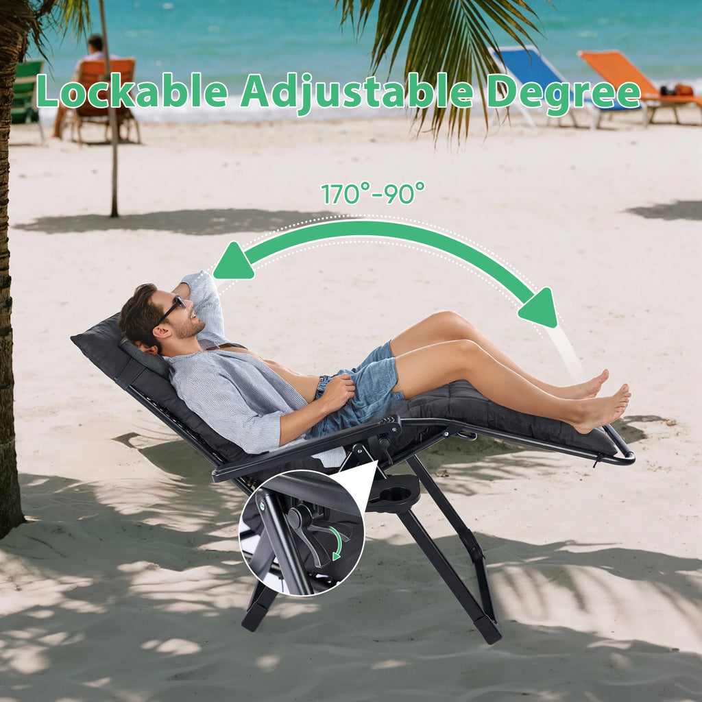 Zero Gravity Recliner/ Camping/ Patio Lounge Chair/ Folding/ Portable with Cup Holder Trays Removable Cushion For Outdoor Garden