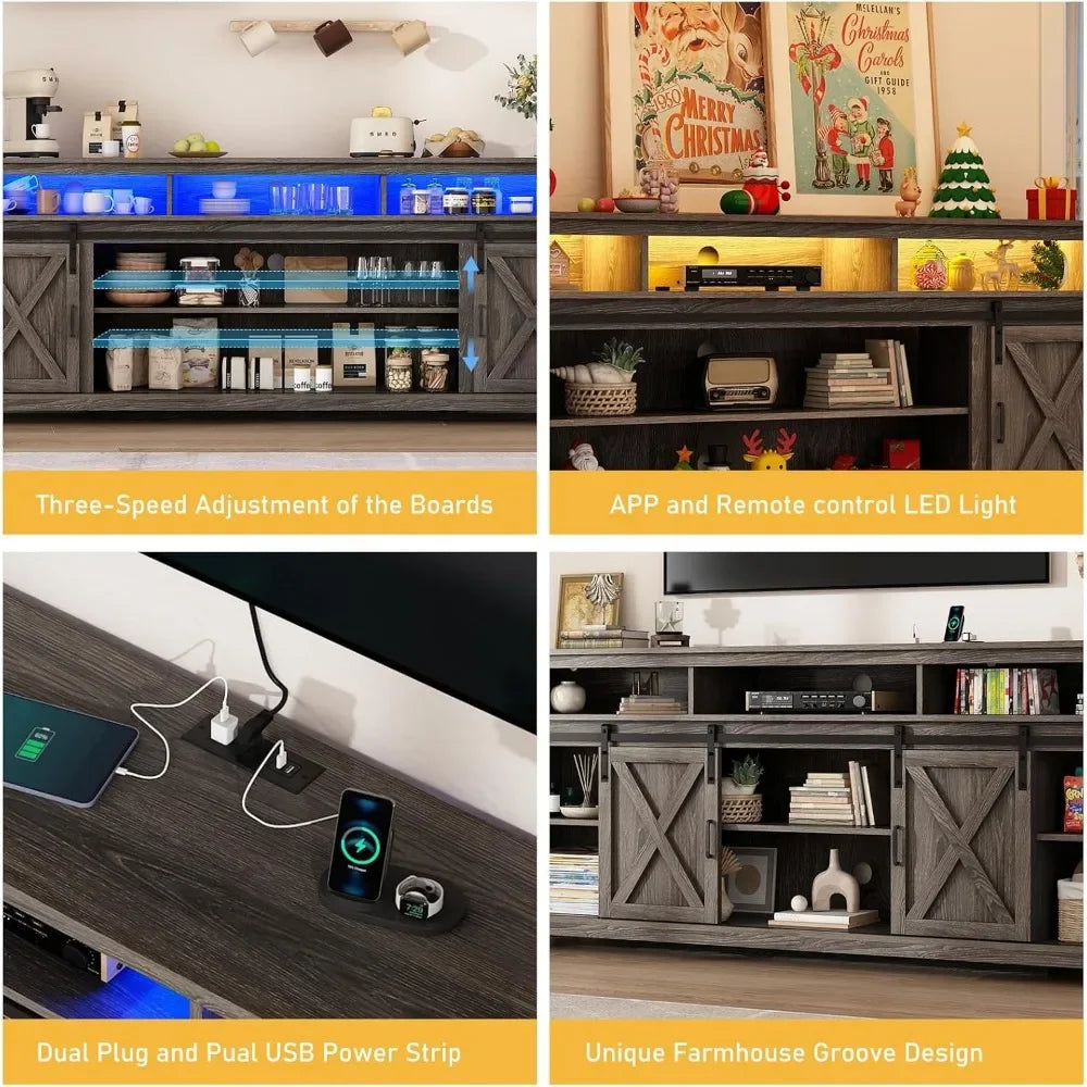 80" LED Farmhouse TV Stand for 90/85/80" TVs, Tall Entertainment Center Storage Cabinets w/Power Outlets and Sliding Barn