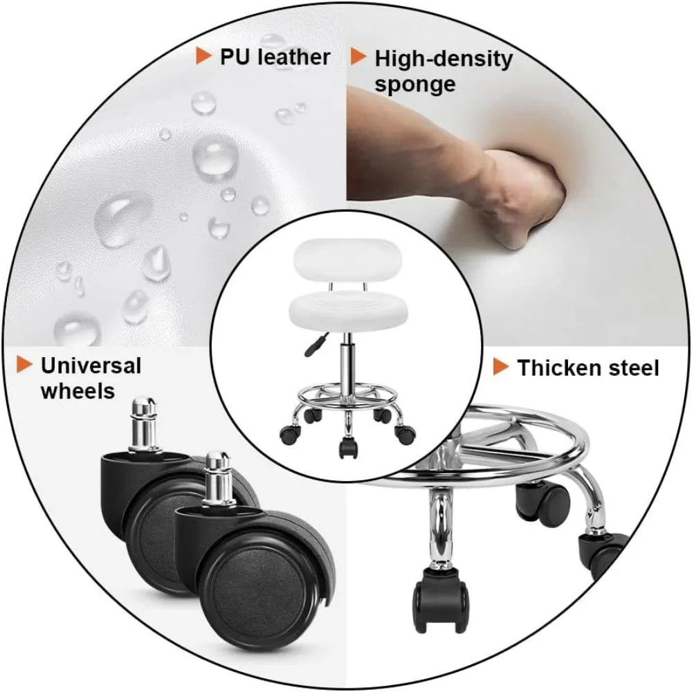 Modern PU Leather Rolling Swivel Chair with Adjustable Height and Footrest for Work, Salon, and Drafting (White)