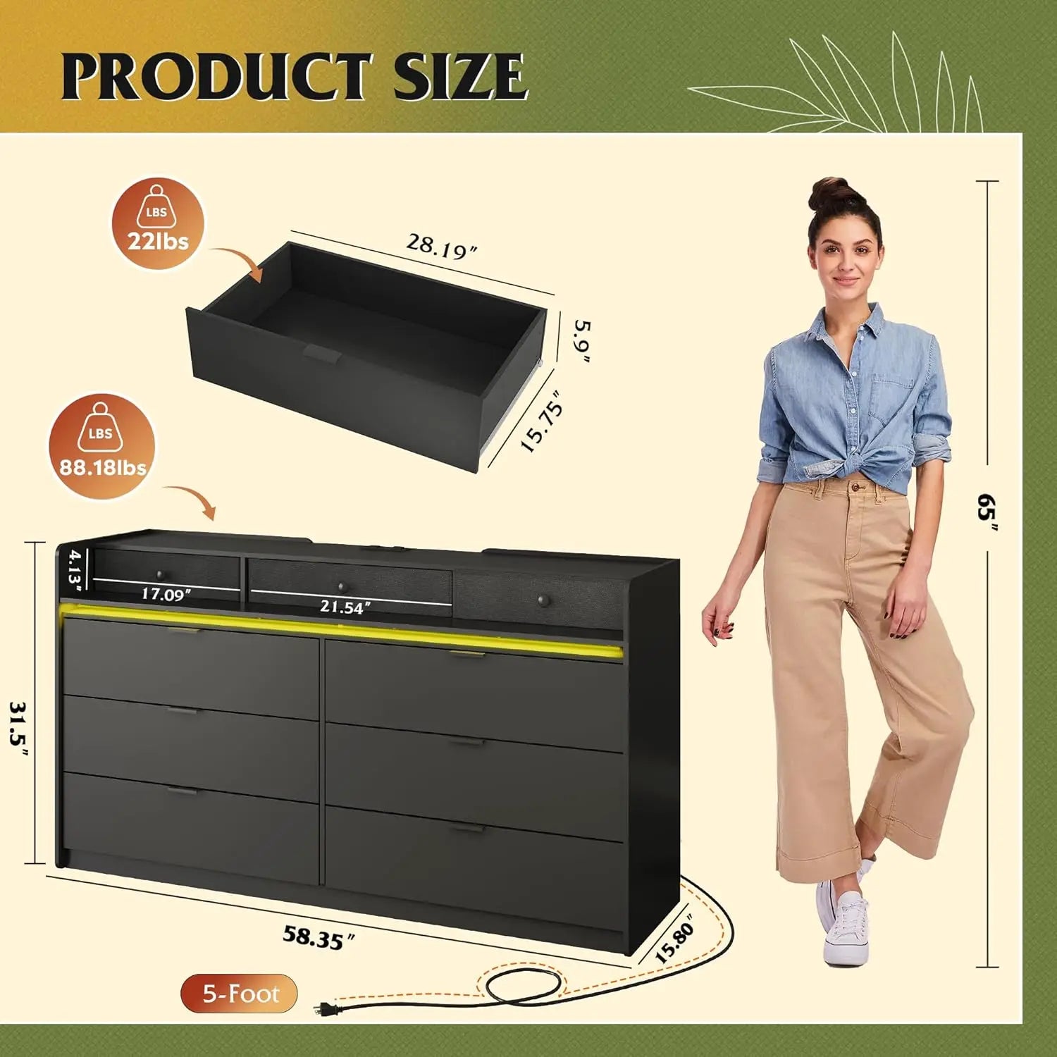 9 Drawer Led Dresser for Living/ Bedroom, Black Wood with Power Outlets for 65'' TV,
