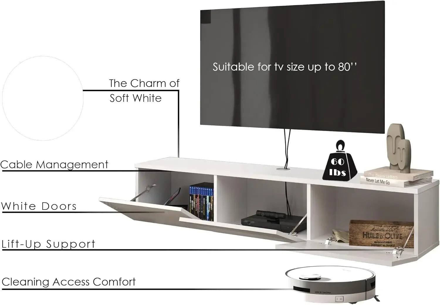 White Floating TV Stand, TV Stand up to 75 Inch TV, Floating TV Stand Wall Mounted, Floating Entertainment Center