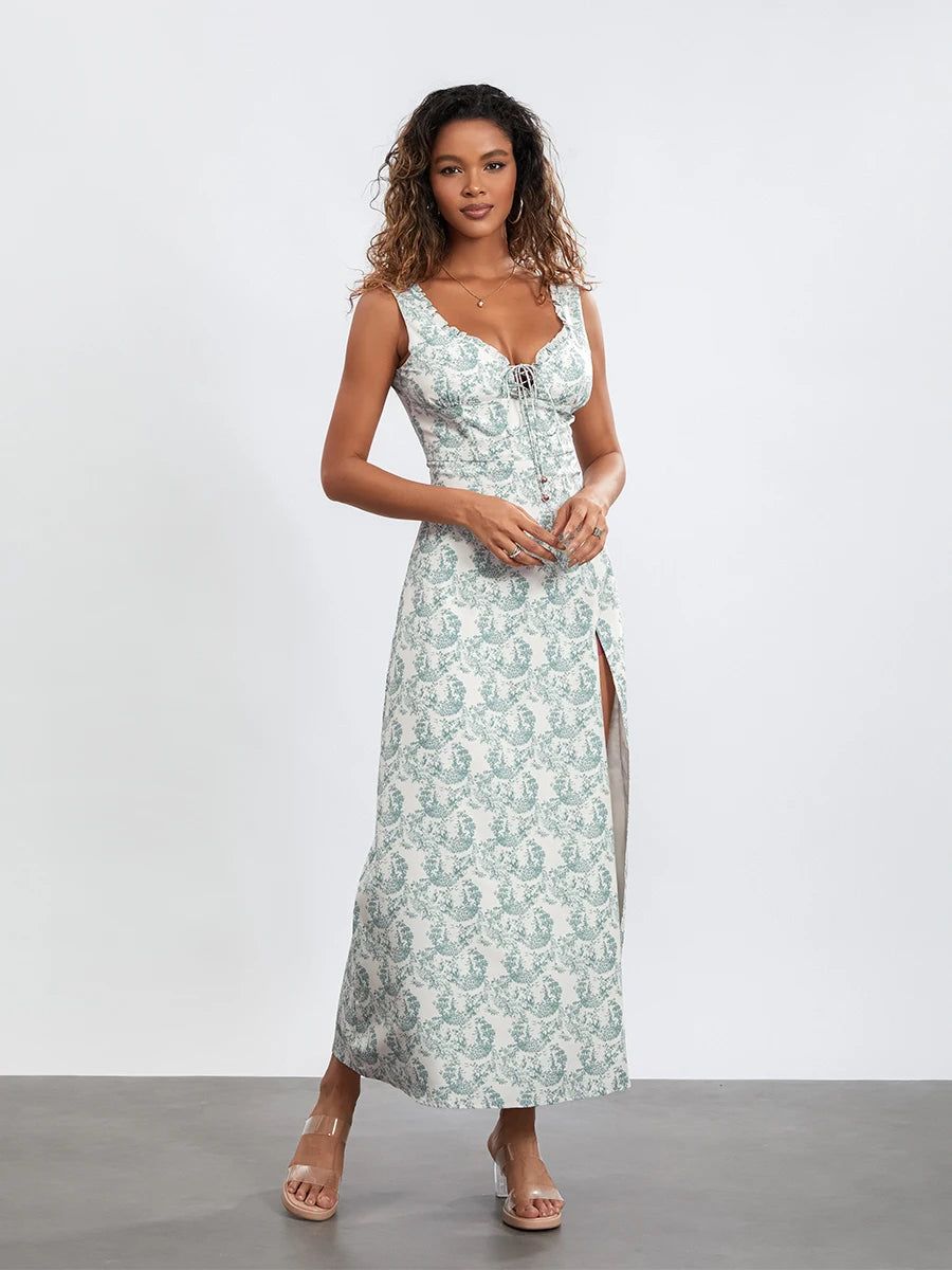 Women’s Floral Long Dress Sleeveless Deep V Neck Cross Tie-up /Front High Split Dress For Spring and Summer