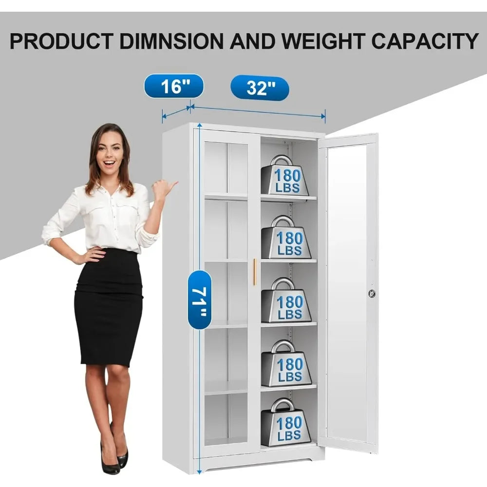 One 71" Display/Curio Cabinet with Glass Doors, with Lock, Metal Glass Display Case for Collectibles