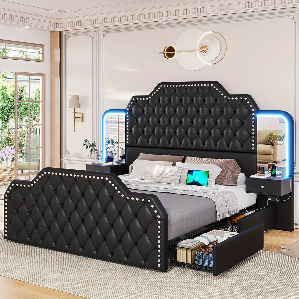 Queen Size Bed Frame/2 Nightstands with Mirror, Platform Bed Frame with 53" Tall Headboard and 4 Storage Drawers