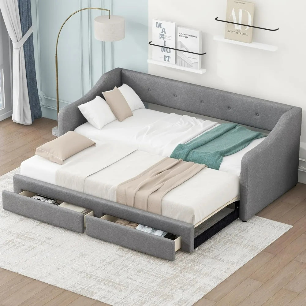 Merax Linen-Covered Daybed with Trundle and Storage Drawers, Twin/ XL to King Wooden Bed Frame with Buttoned Back for Living Space
