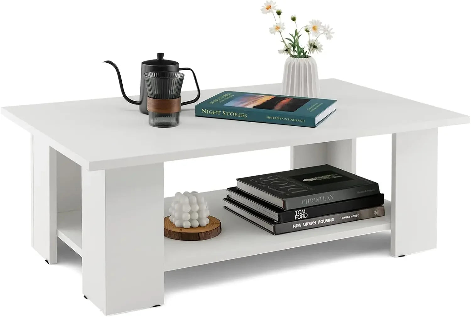 2-Tier Coffee Table, Modern Rectangular Center Cocktail Table with 5 Support Legs, Wooden Accent Living Room Furniture