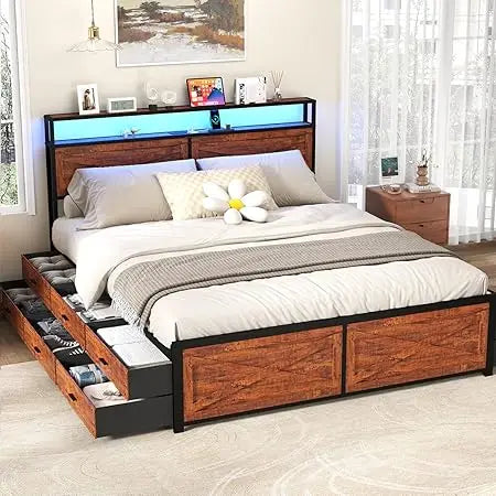 King Size Bed Frame with 12 Storage Drawers, LED Headboard, Charging Station, Metal Construction, No Box Spring Required, Quiet