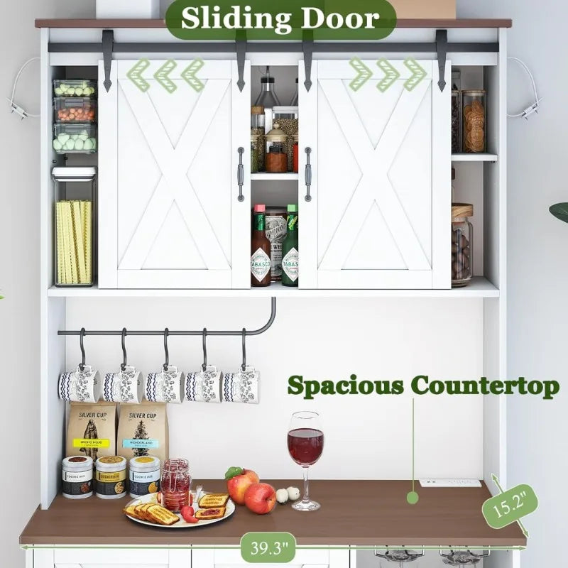 Kitchen Pantry Cabinet with Sliding Doors/ Microwave Storage/ Coffee Bar/ Adjustable Shelves/ Wine Rack/ Cup Hooks/ Farmhouse