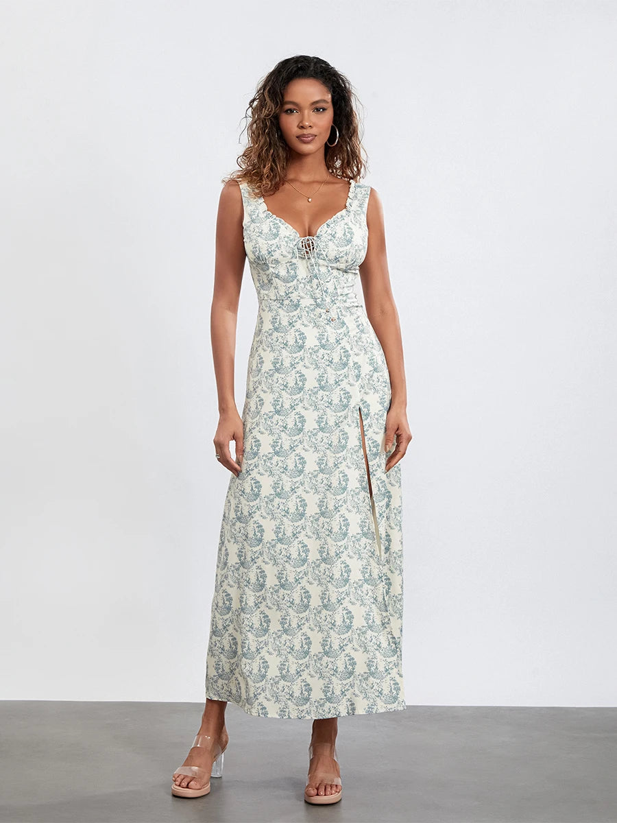 Women’s Floral Long Dress Sleeveless Deep V Neck Cross Tie-up /Front High Split Dress For Spring and Summer
