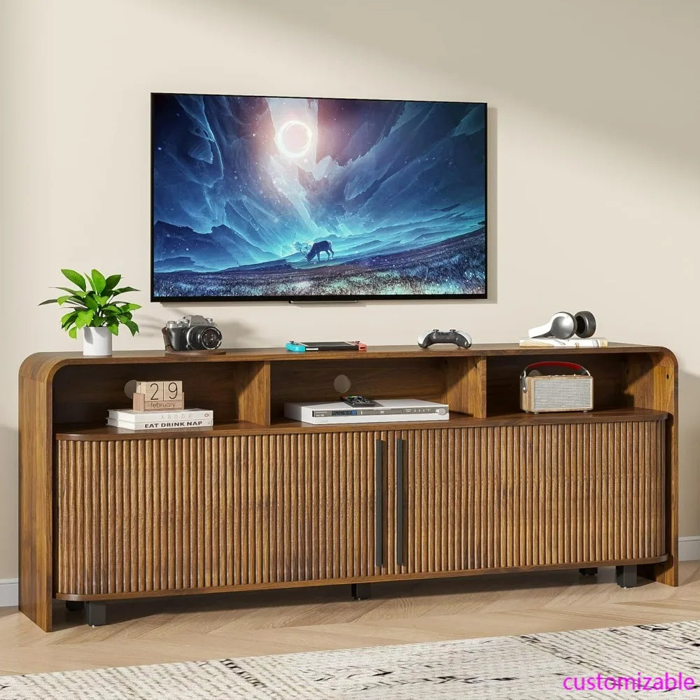 Mid-Century Modern Wood TV Stand for 75-80" TVs, Storage-Friendly Entertainment Center Console