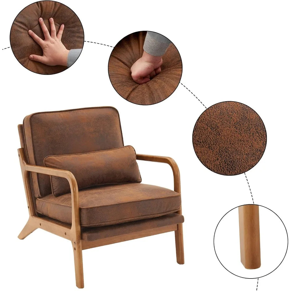 Microfiber Rustic Mid Century Modern Accent Chair, Solid Wood Padding Lounge Armchairs Side Sitting Chairs for Living Room