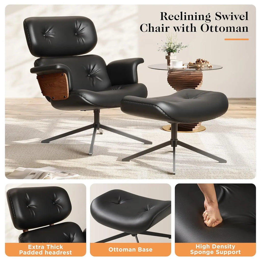 Mid Century Reclining Swivel Chair with Ottoman, Ergonomic Armchair with Comfy Cushion, Walnut Wood Base, PU Leather