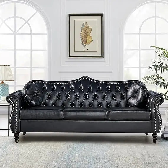 Chesterfield Three Seater Sofa, Mid-Century Modern Faux Leather 3-Seater Upholstered Couch, Tufted Living Room Sofa with 2 Pillows