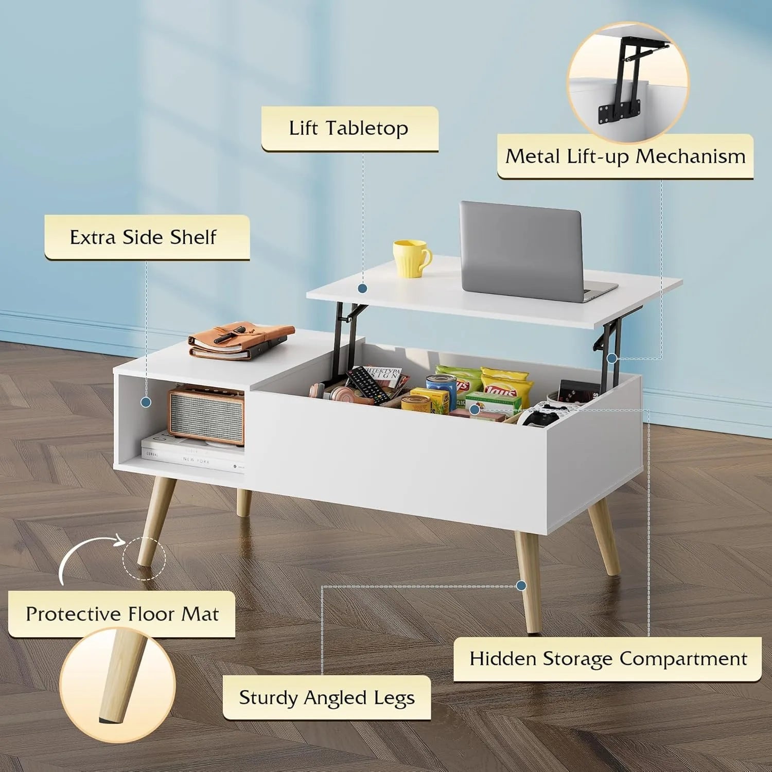 Lift Top Coffee Table with Storage, Small Rising Wooden Dining Center Table with Storage Shelf & Hidden Compartment, 39" White