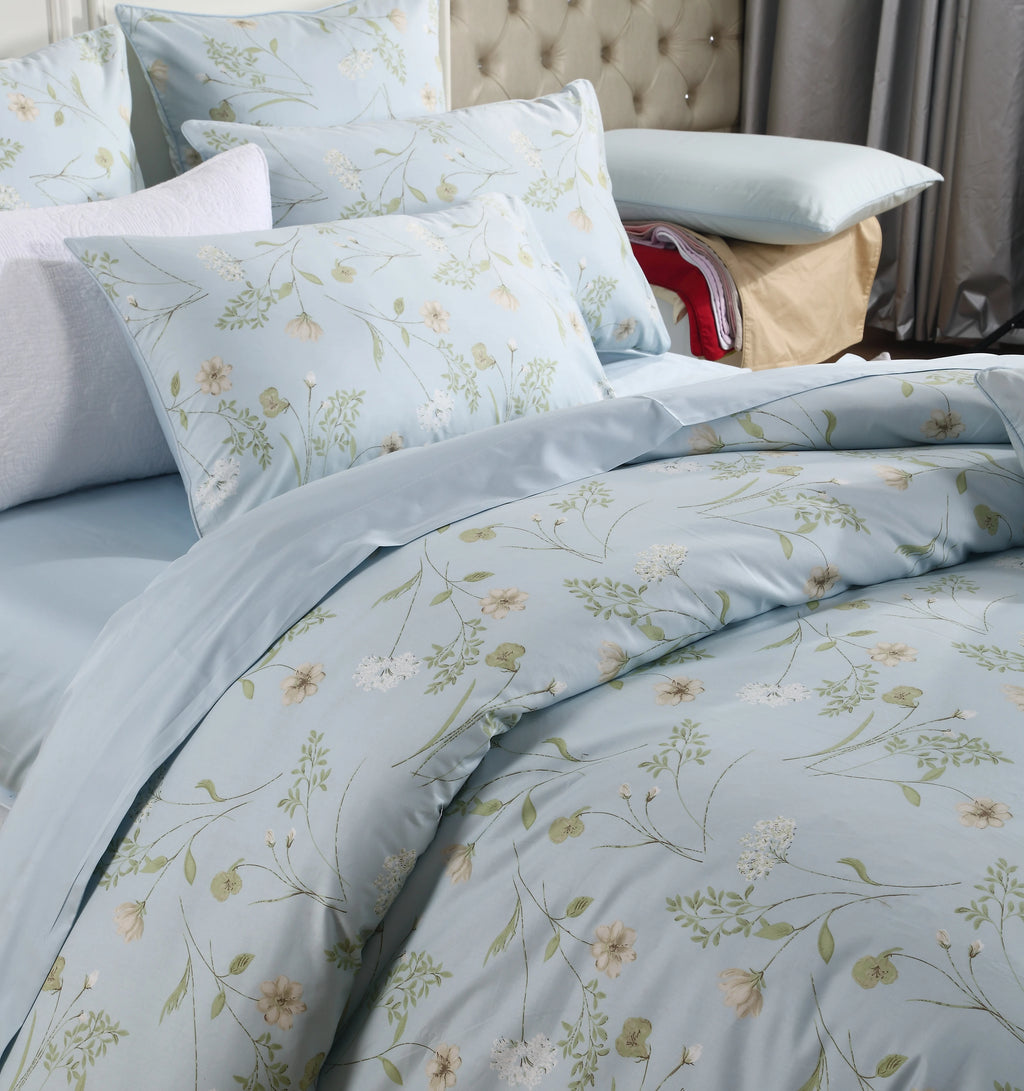 3pcs 600TC 100% Egyptian Cotton Duvet Cover Set, Light Blue Shabby Chic Floral, Soft Skin-Friendly