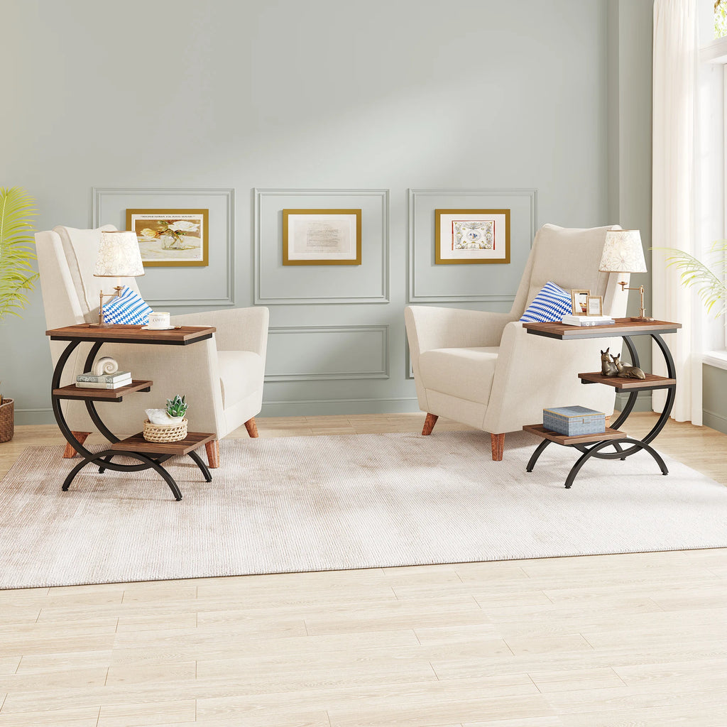 Tribesigns C-Shaped End Table, Industrial 3-Tier Small Table for Couch, Wood Bedside Table Snack Table with Storage Shelves