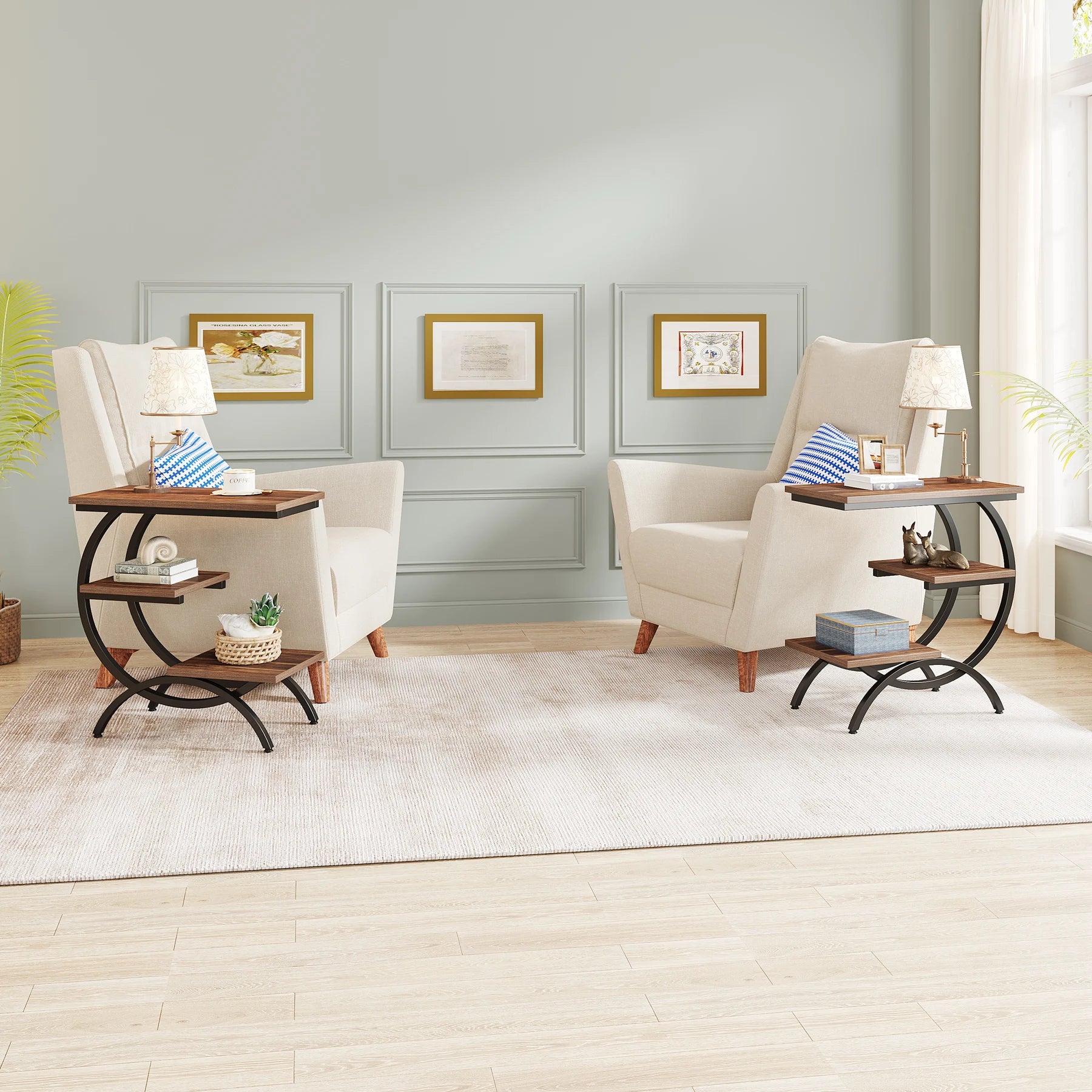 Tribesigns C-Shaped End Table, Industrial 3-Tier Small Table for Couch, Wood Bedside Table Snack Table with Storage Shelves