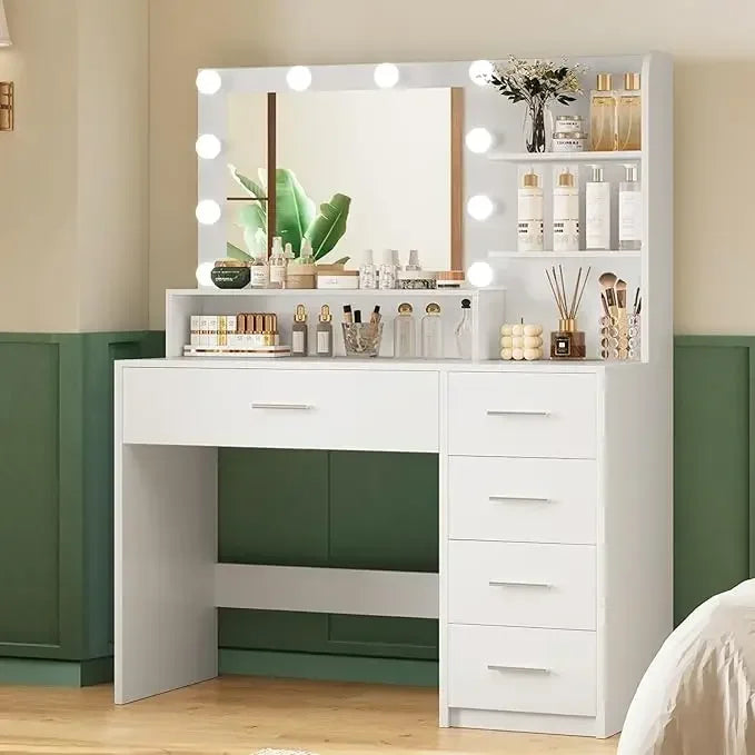 Makeup Vanity Desk with Mirror & Lights, 5 Drawers & Storage Shelves, Vanity Table, 3 Color Modes & Adjustable