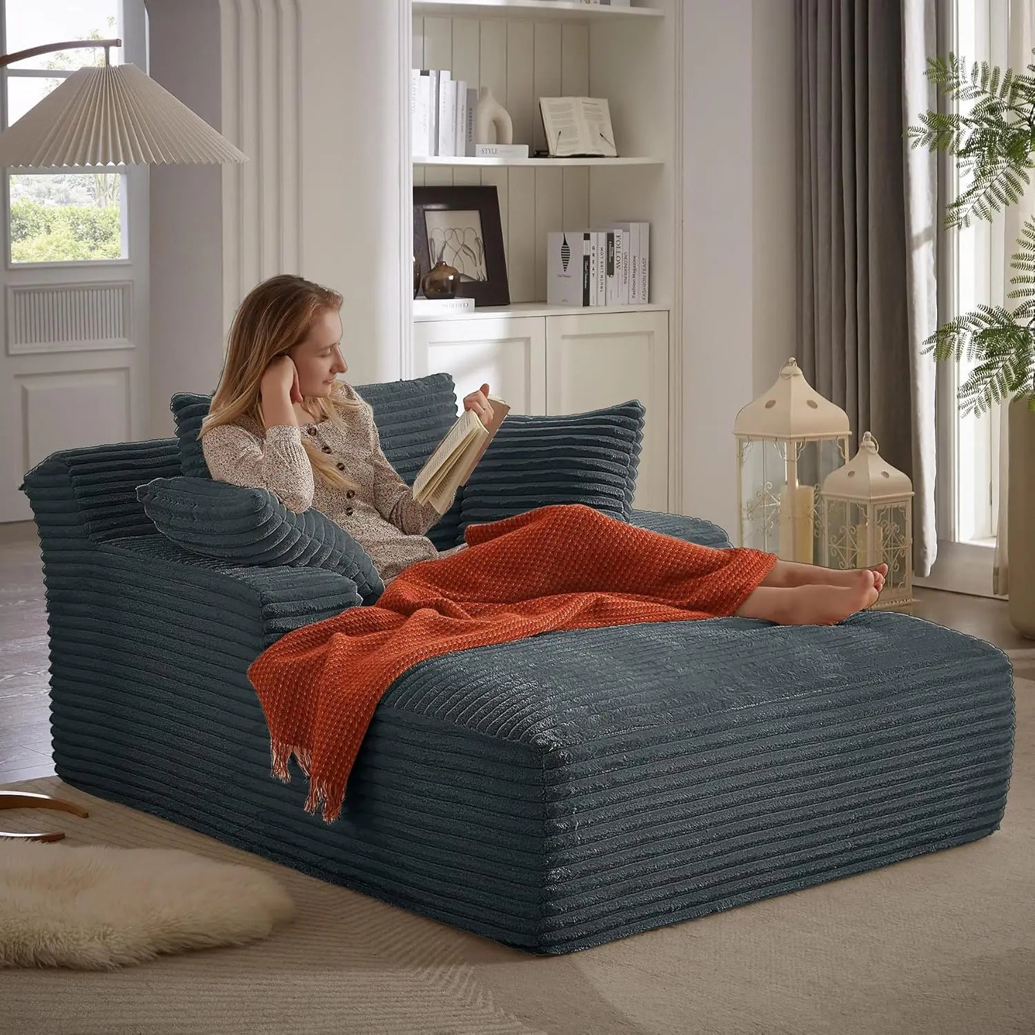 Oversized Chaise Lounge Chair with 3 Comfy Pillows for Living Room/ Bedroom, Wide Arms/ Corduroy Fabric/ High-Density