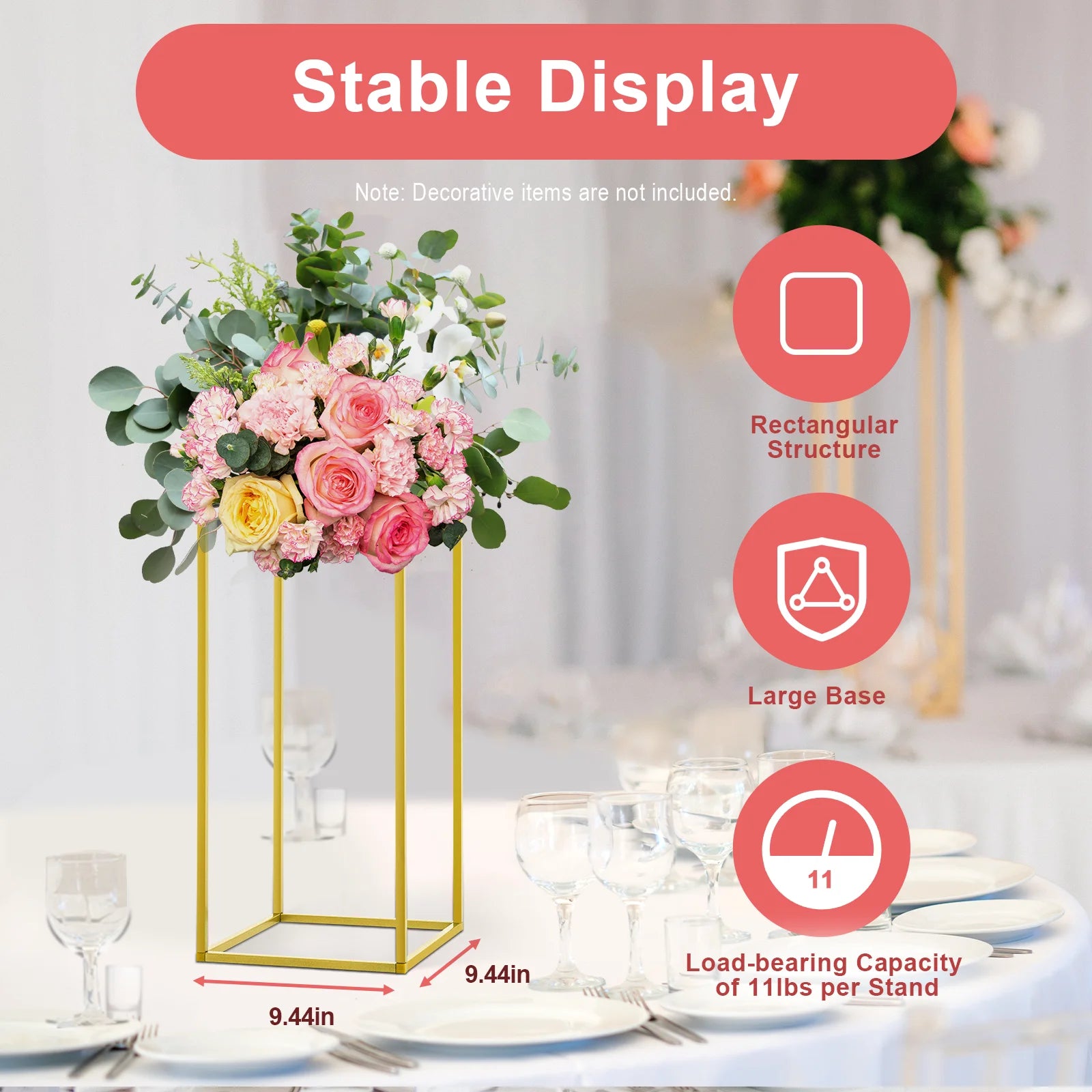 10PCS Metal Geometric Flower Vase Stand Gold Wedding Flower Stand 23.62inch Tall with Hammer for Party Table Centerpieces Events