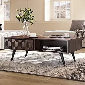 Georgina Solid Wood Coffee Tables for Living Room, Coffee Table Mid Century Modern with 2 Symmetrical Storage Drawers