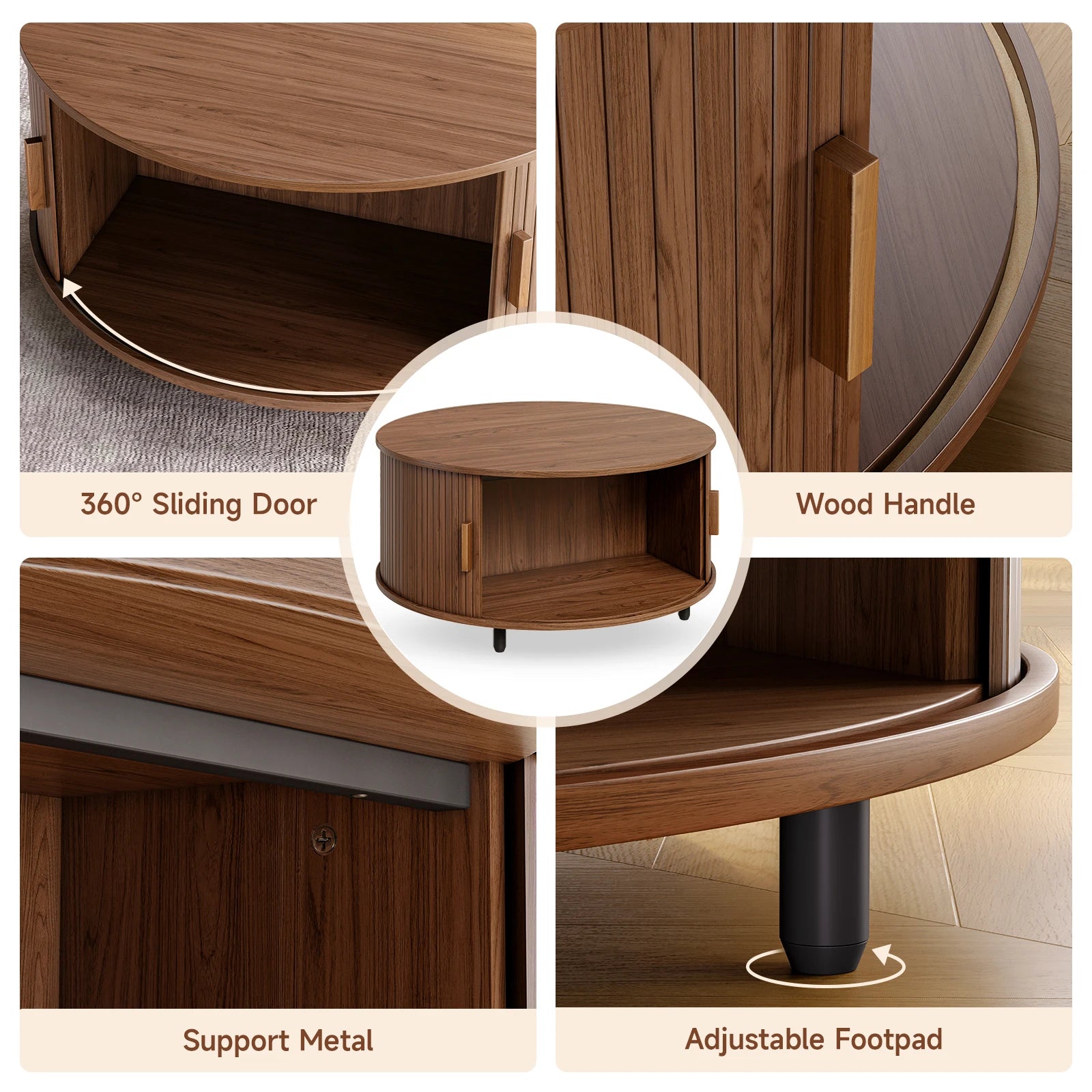 Round Coffee Table with Storage,31.5"/ Modern Coffee Table with 360° Curved Sliding Door, Fluted Wood Accent Coffee Table