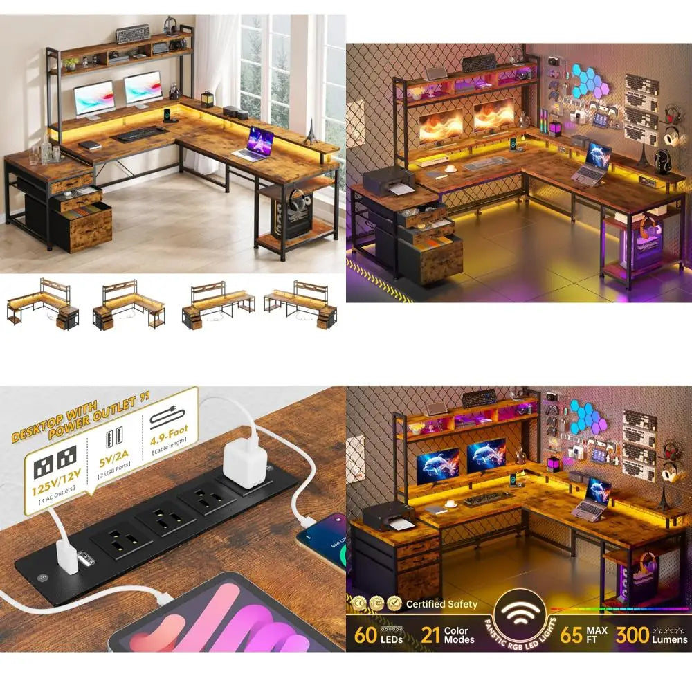 Dual-Sided L-Shaped Desk with Hutch, Drawers and Monitor Shelf