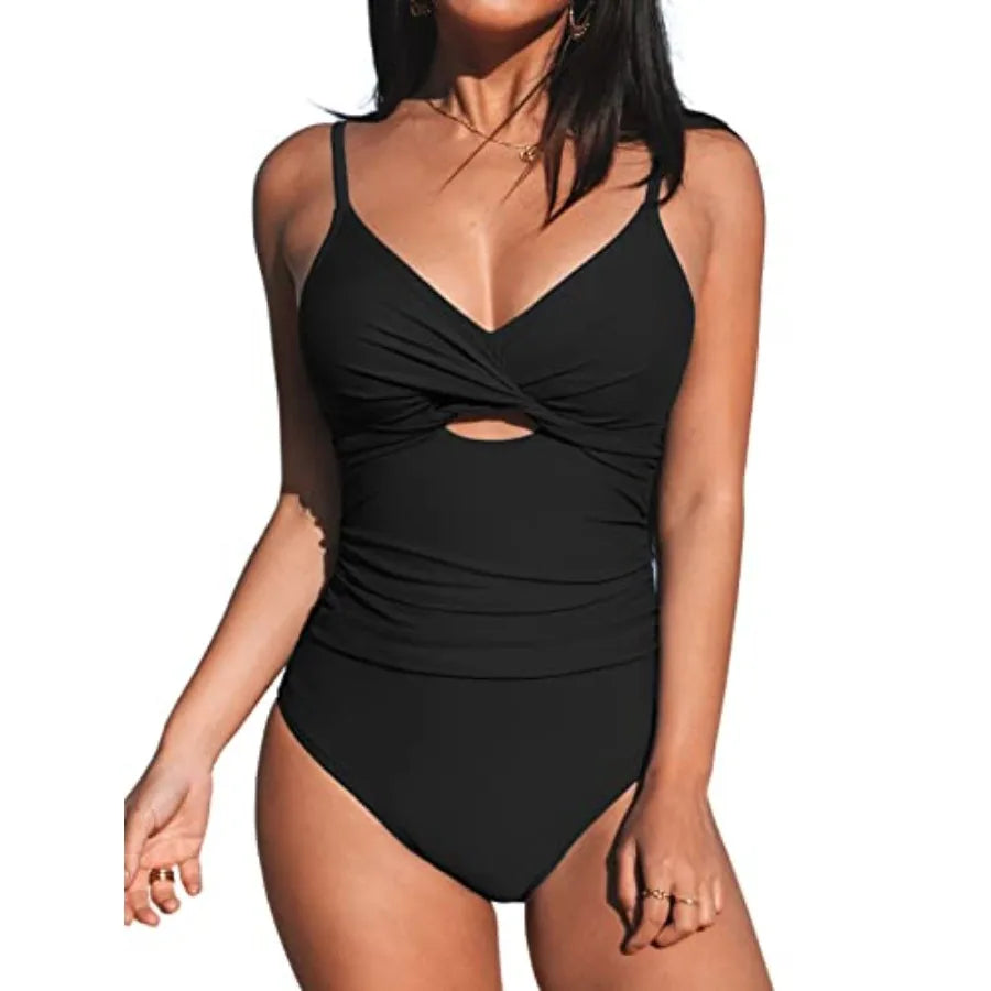 One Pcs Swimsuit for Women / Twist Front Cutout Adjustable Straps Ruched Swimwear