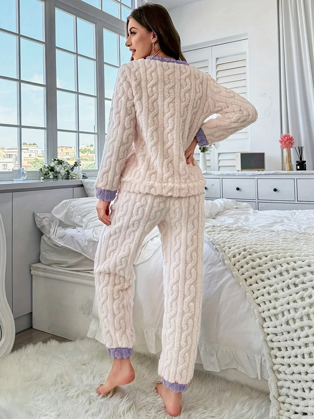 Women's Fleece Pajama Set, Star Jacquard Pattern. Cozy Long-Sleeve Top & Pants for a Relaxed Fit in Fall & Winter. Shop Now!