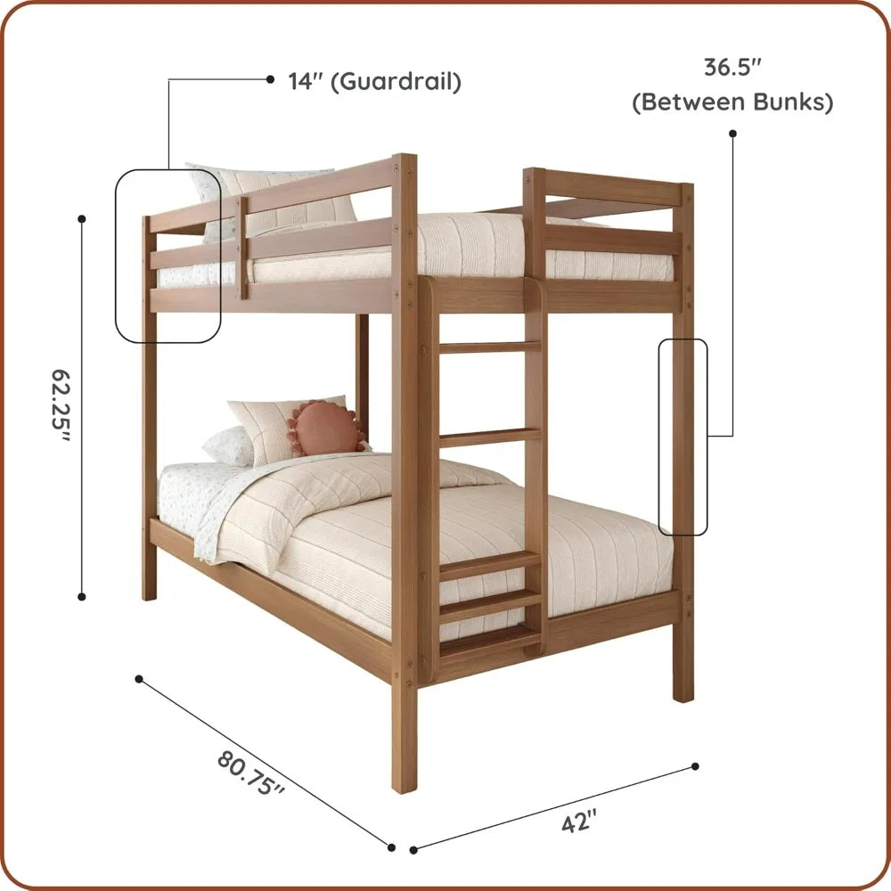 Durable Twin-Over-Twin Kids Bunk Bed with Plywood Construction, Ladder, Guardrail, and Slatted Support
