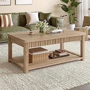 Coffee Table, 39 Inch Modern Coffee Table for Living Room with 2-Tier Storage & Wave-Edge, Oak Center Table for Bedroom/Office