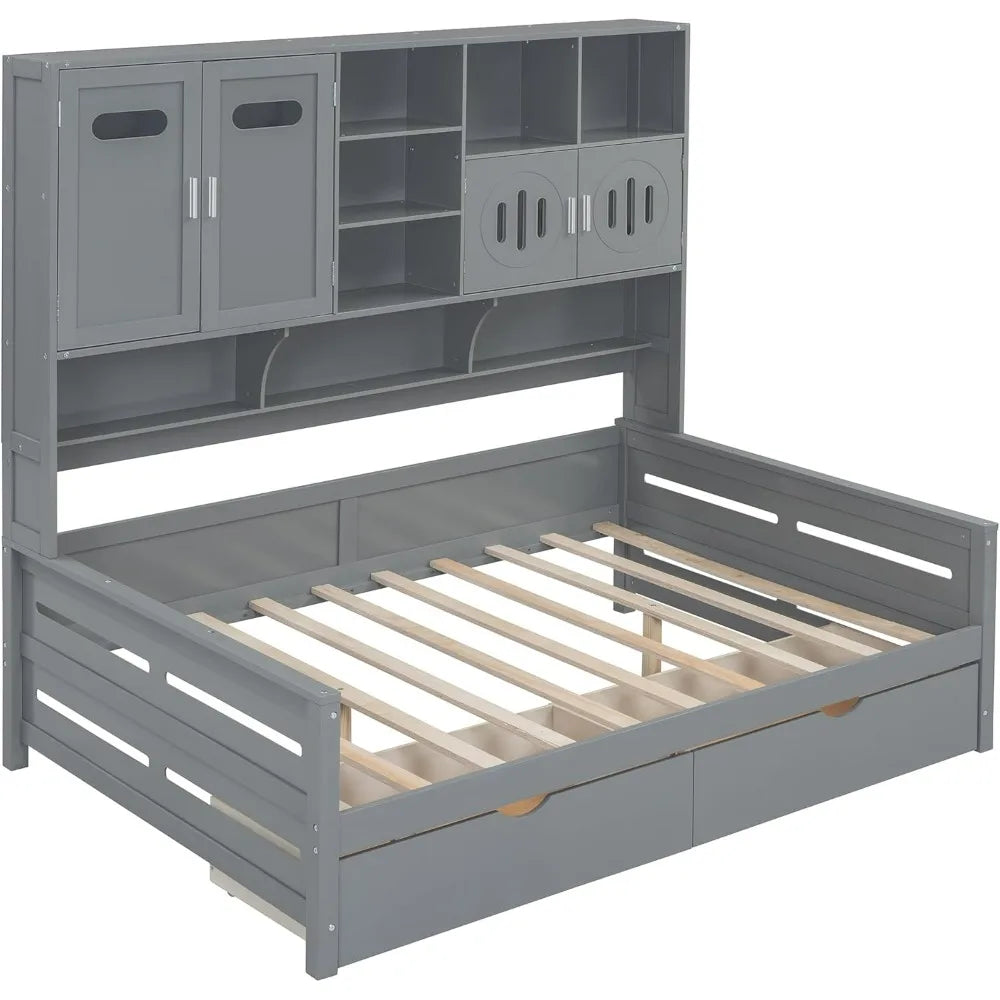 Gray Full Size Wooden Daybed with Storage Drawers, Bookcase Headboard, and All-in-One Cabinet & Shelf