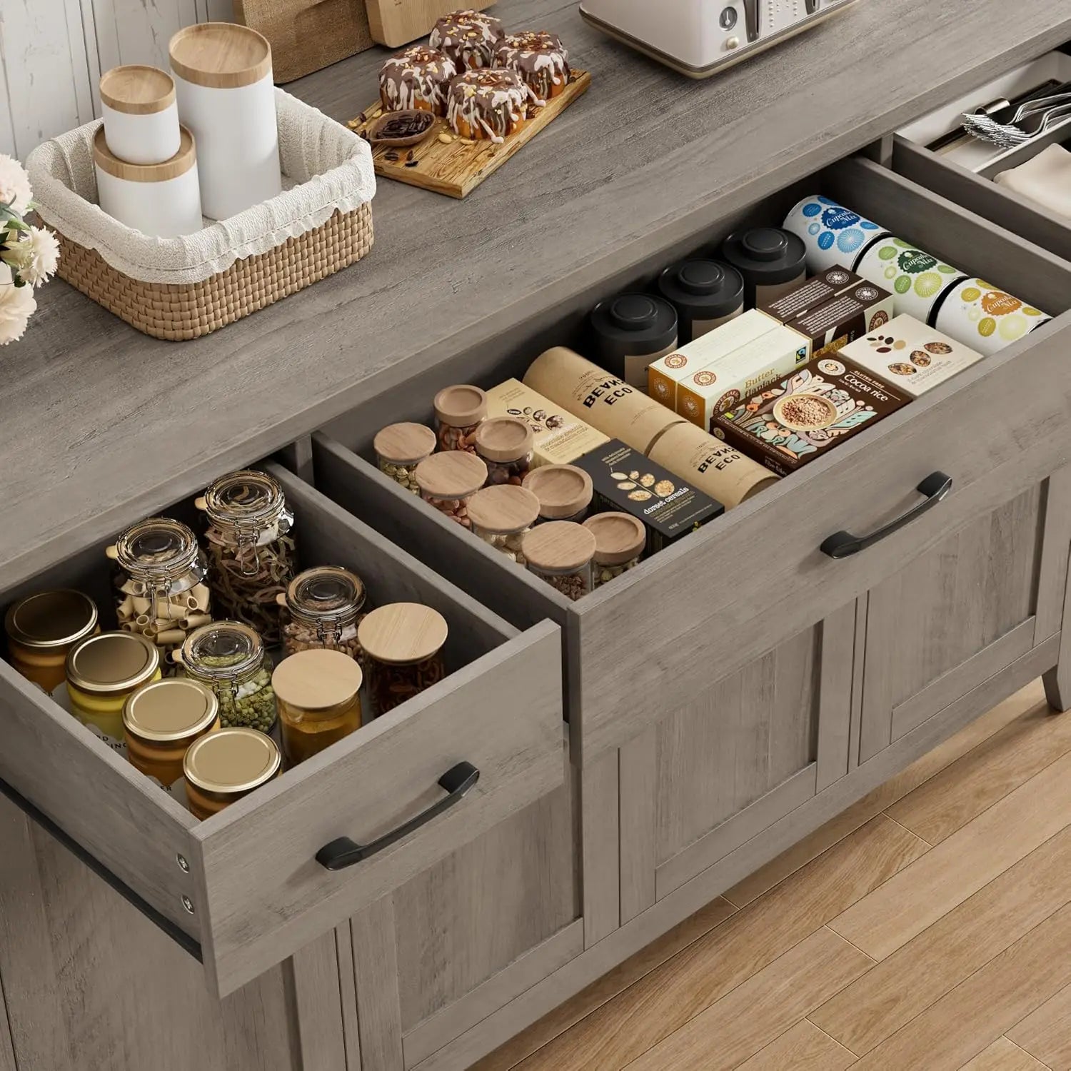 55" Modern Farmhouse Sideboard Buffet with Drawers, Large Kitchen Storage Cabinet, Adjustable Shelves, Grey