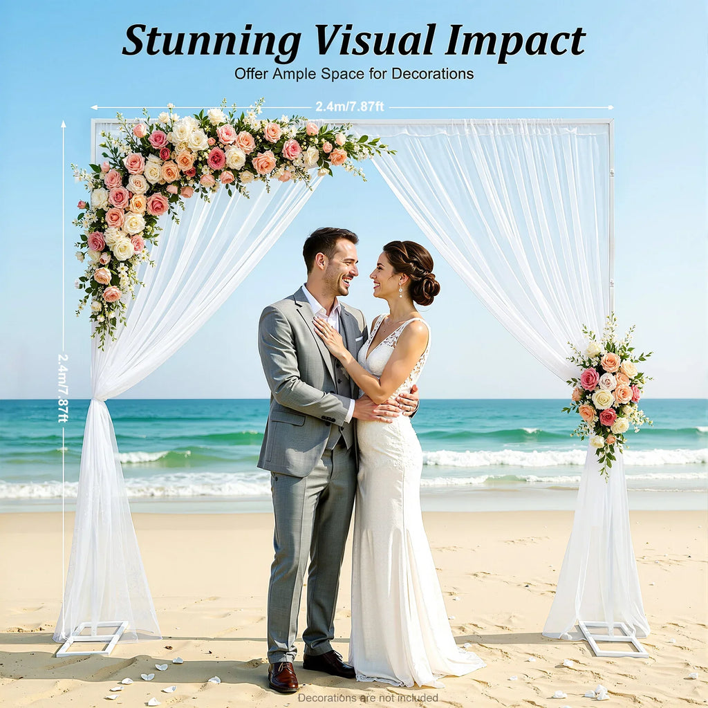 Wedding Stand, 2.4x2.4m Metal Wedding Stand, White Square Arch Backdrop, Heavy Duty Iron Support, Party Event Background Decoration, Rustproof Durable Frame for Balloon/ Floral Curtain Display, Indoor/ Outdoor Ceremony/ Photo
