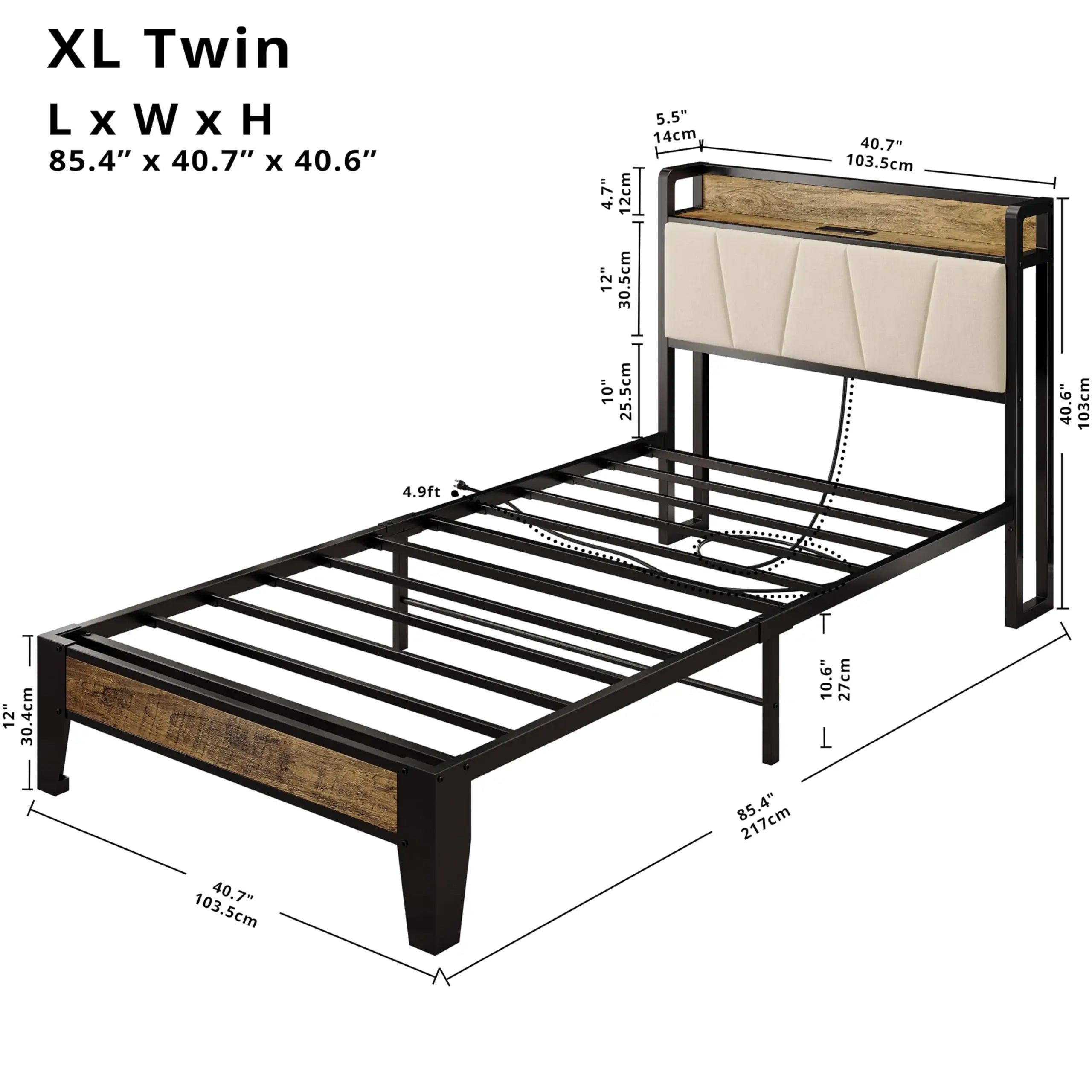 Twin XL/Full/Queen/California King Bed Frames, Storage Headboard with Charging Station, No Box Spring Needed