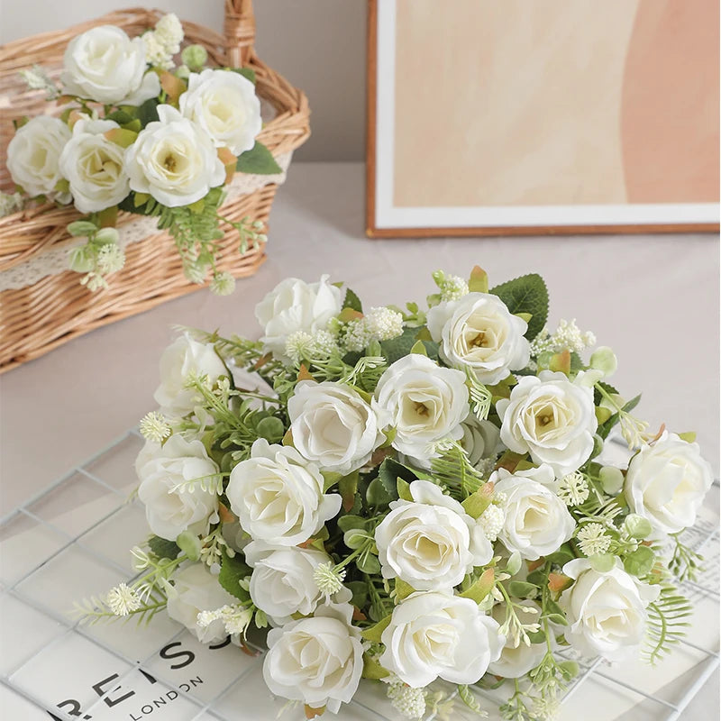 30cm Rose White Silk Bouquet/ Peony Artificial Flower/ 5 Big Head 4 Small Bud/ Wedding Brides/ Home Decoration Artificial Flower