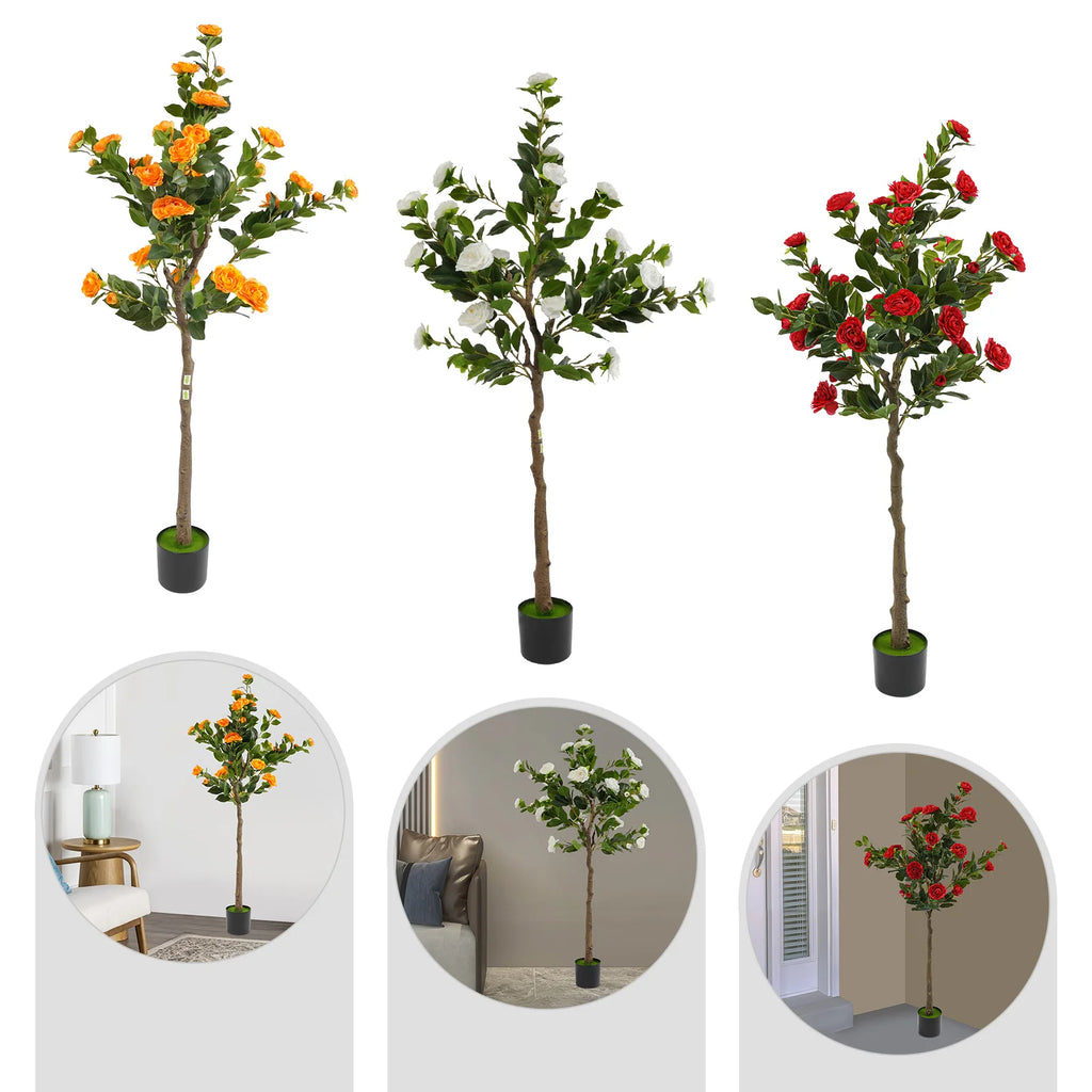Potted Faux Camellia Plant with Red Flowers, Artificial Camellia Tree, Home Decor, Lifelike Fake Floral Tree for Patio & Office