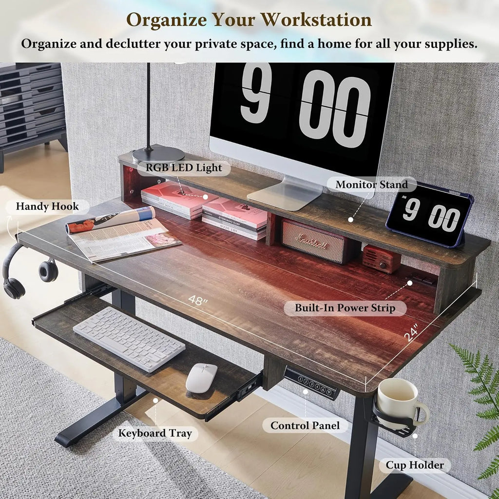 48" Gaming Desk, Electric Standing Desk with Height Adjustable, Power Outlets, LED Lights, Keyboard Tray, and Monitor Shelf