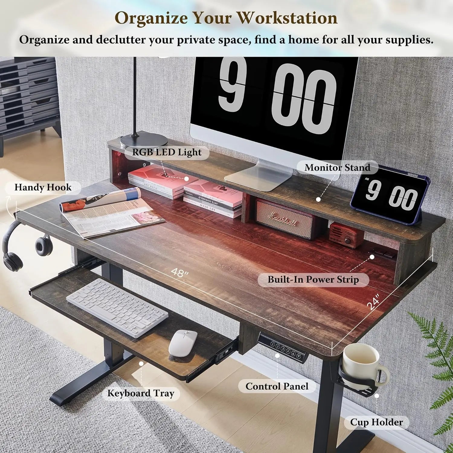 48" Gaming Desk, Electric Standing Desk with Height Adjustable, Power Outlets, LED Lights, Keyboard Tray, and Monitor Shelf