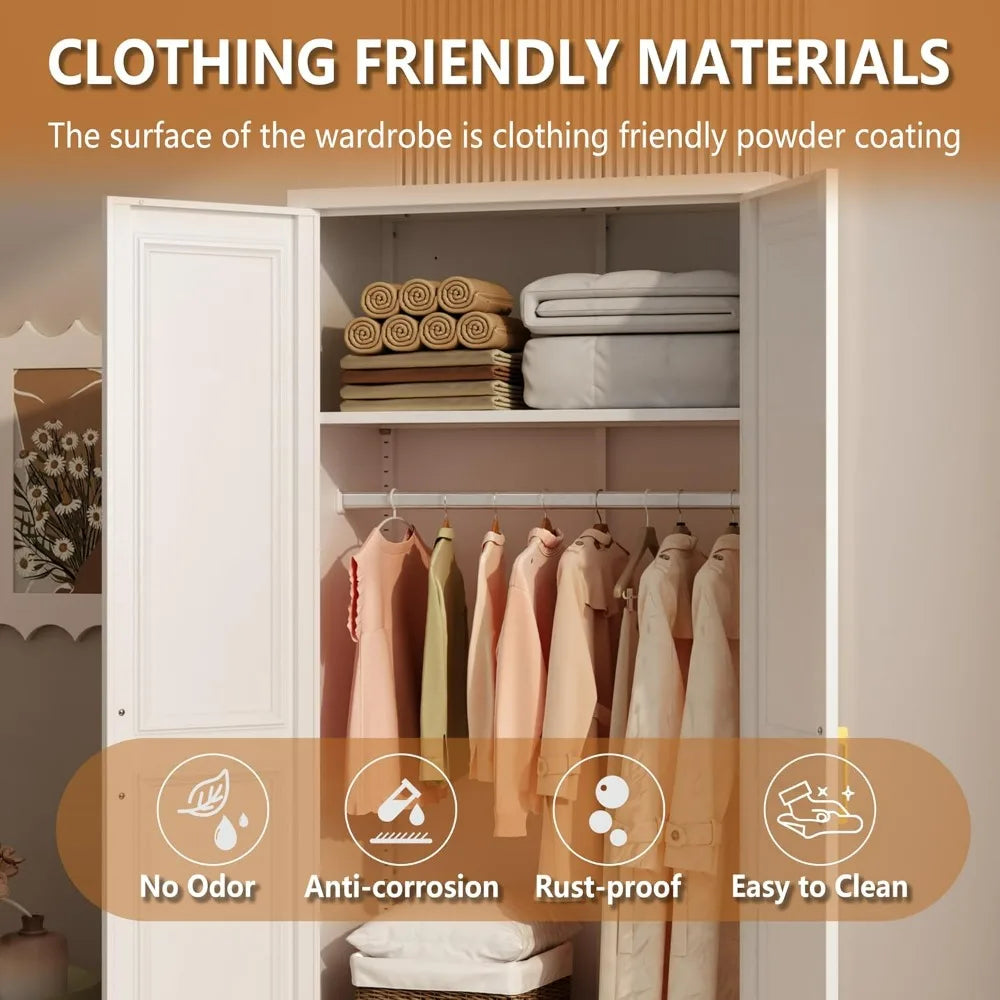 Freestanding 71-Inch Tall Metal Wardrobe with Hanging and Storage, Large Capacity Closet/ Cabinet