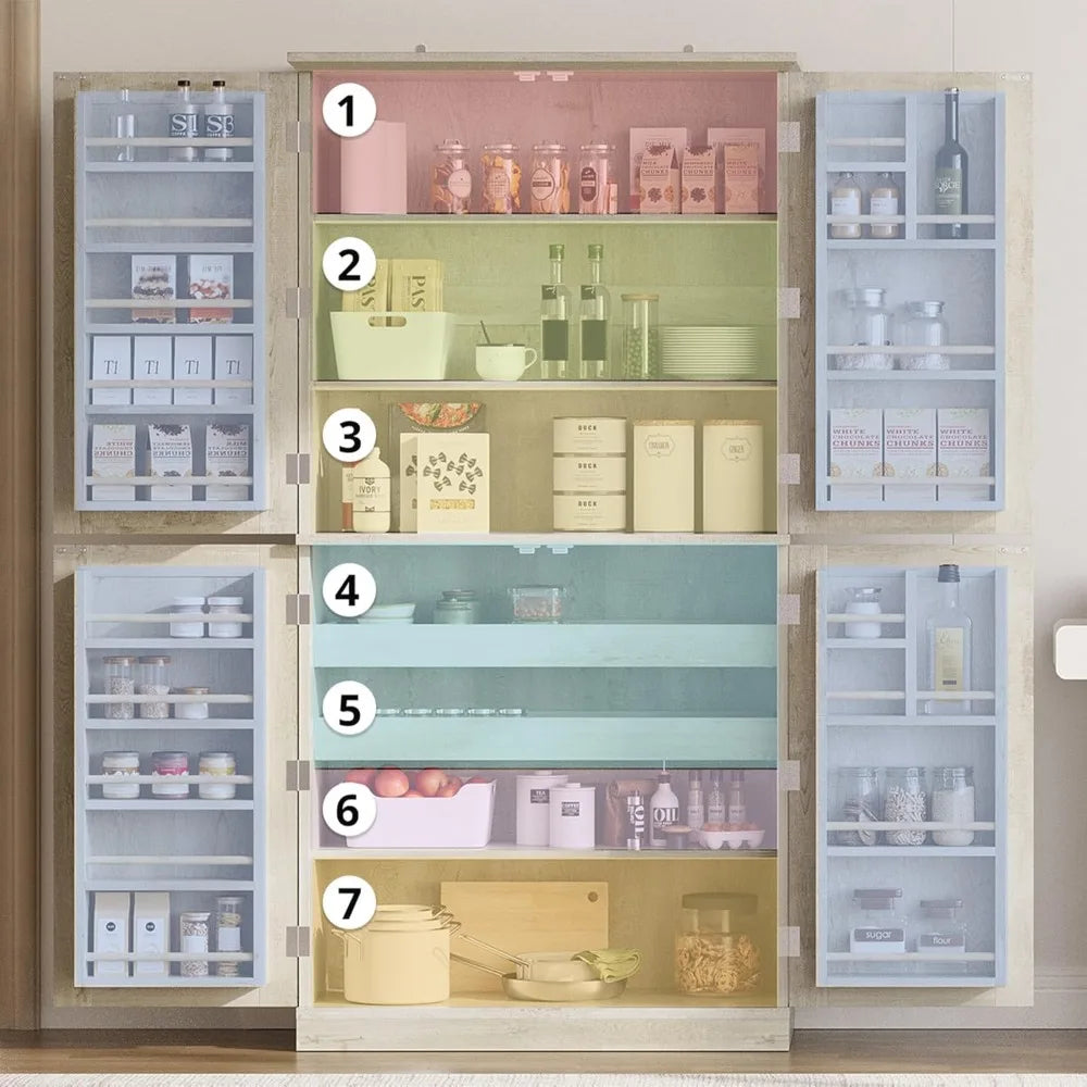 72.8" Rustic Pantry Cabinet with 4 Barn Doors, Adjustable Shelves, Freestanding Storage for Kitchen Living Room