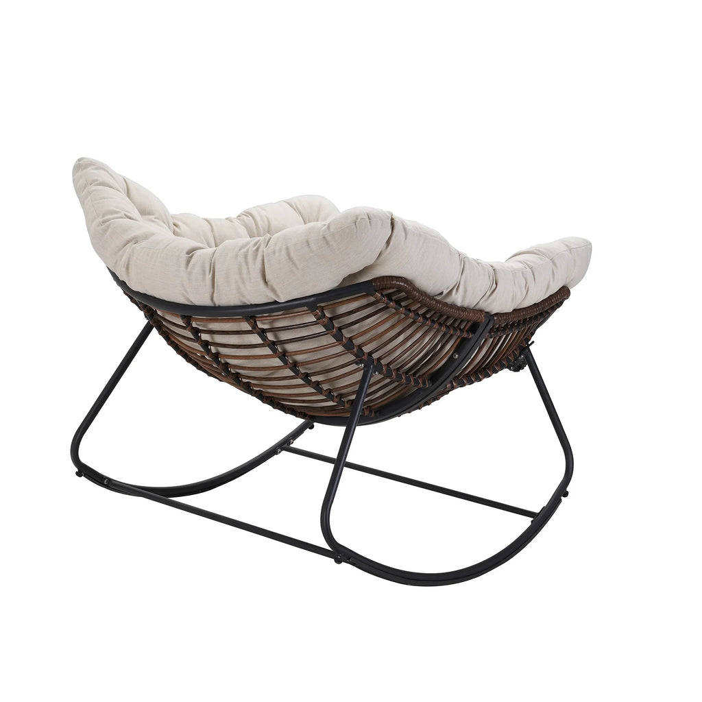 Outdoor Rocking Chair, Patio Wicker Egg Chair, Indoor Comfy Oversized Papasan Chair with Padded Cushion for Front Porch, Garden