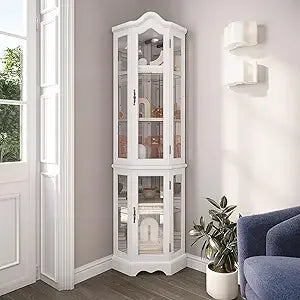 Lighted 3-Side Glass Display Curio Cabinet w/ Tempered Glass Doors and Shelves, Curved Wood Corner Cabinet