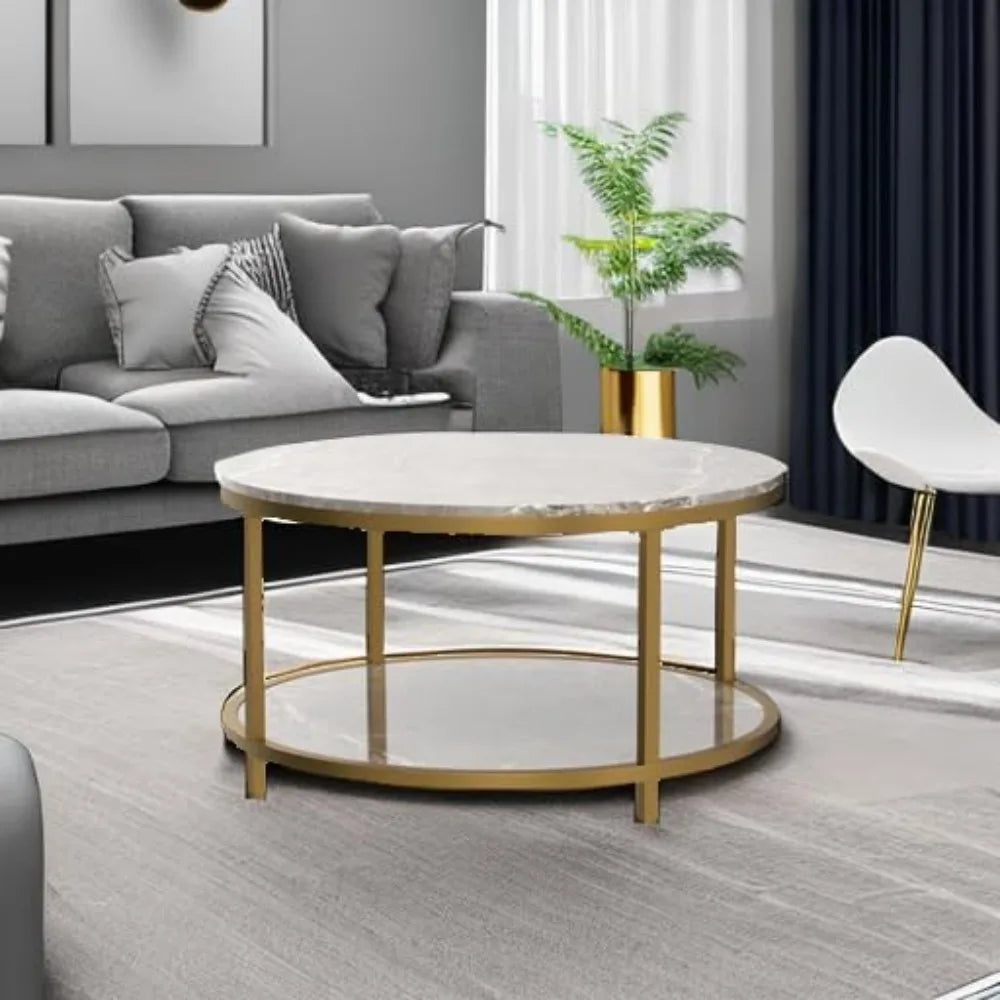 Round Coffee Table 33.5" Coffee Table for Living Room High Glossy Faux Marble Top Modern Circle Table Sturdy Gold Metal Frame