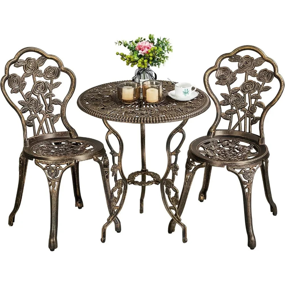 3-Piece Outdoor Bistro Set w/Rose Design, Rust-Resistant Cast Aluminum Table and Chairs w/Umbrella Hole for Balcony, Backyard, Garden