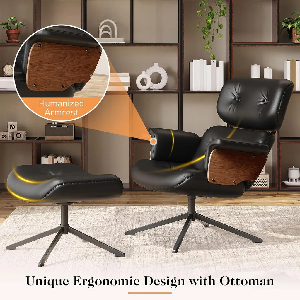 Mid Century Reclining Swivel Chair with Ottoman, Ergonomic Armchair with Comfy Cushion, Walnut Wood Base, PU Leather