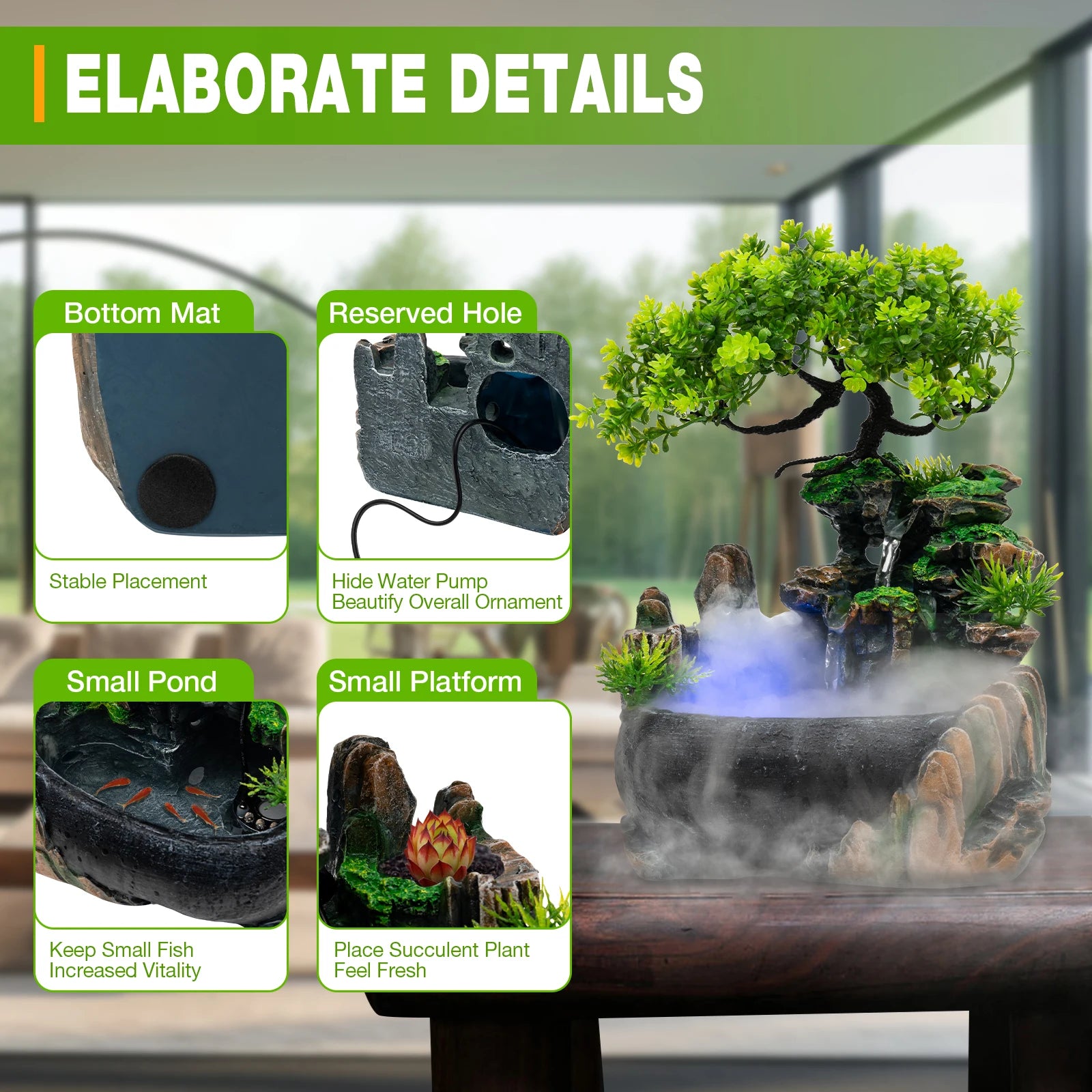 Led Lights/ Resin Rockery Flowing Water Fountain /Office/ Desktop Ornaments With Nebulizer/ Home Decoration