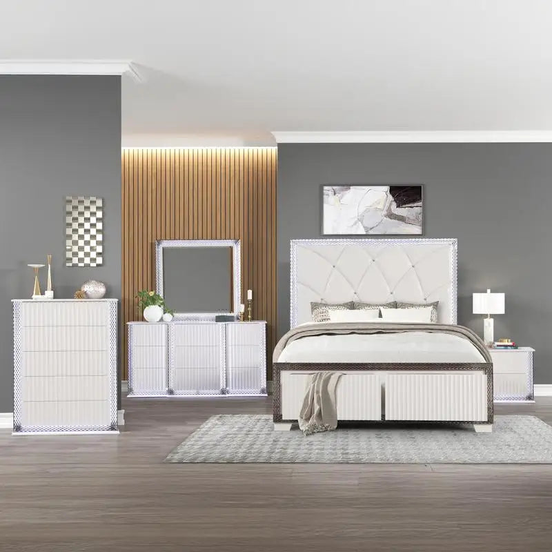 Contemporary King 5PC Bedroom Set with Diamond Accents, LED Lighting, and White Wood Finish