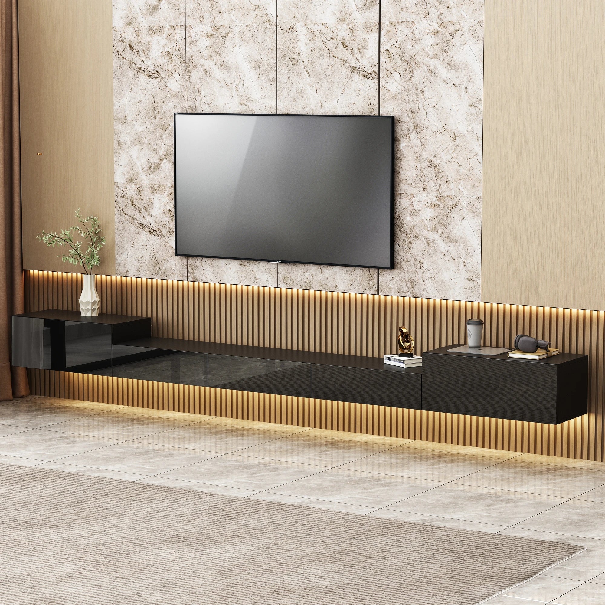 110.2'' L Modern TV Stand with Drawers & LED Lights, Wall-Mounted Media TV Console With Glossy Surface, Black
