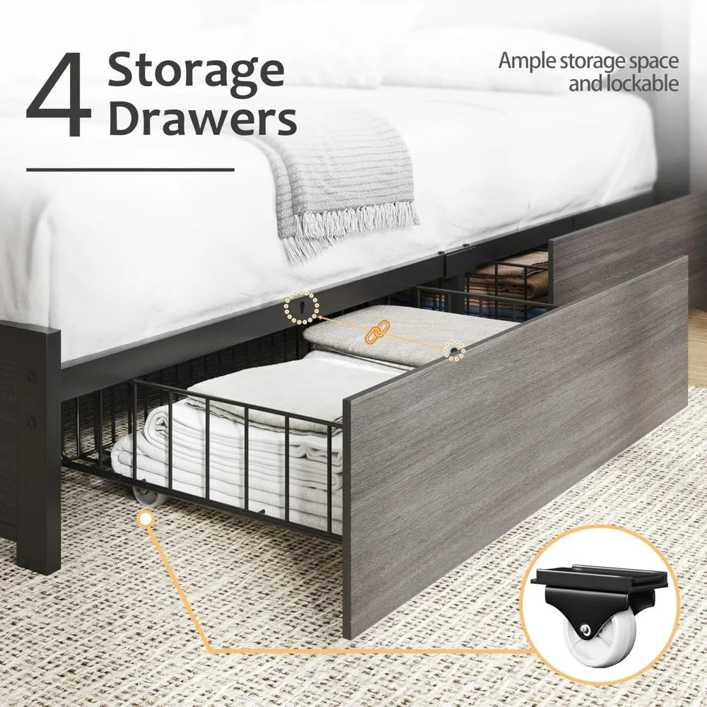 Wooden Queen-Size Bed Frame with Storage Headboard, High Bookcase, 4 Drawers, LED Lights, and Charging Station